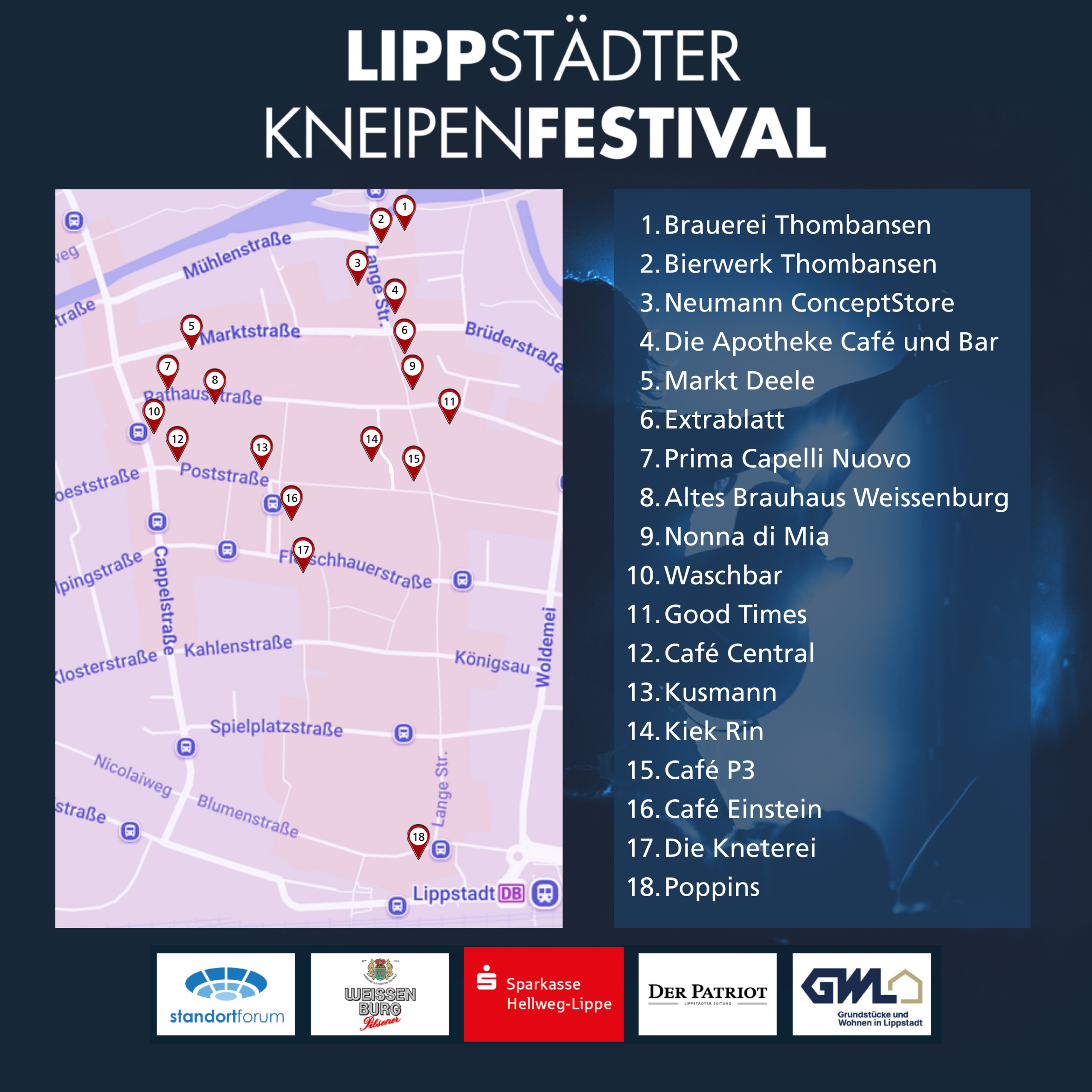 Lageplan zum Lippstädter Kneipenfestival 2026 - links Wegspinne mit 18 Locations die rechts namentlich aufgezählt werden.